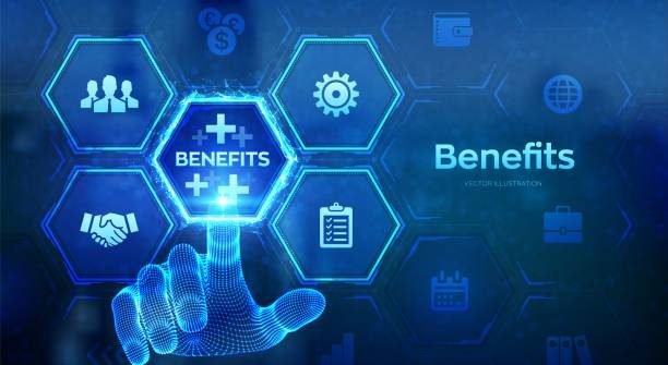 Employee benefits help to get the best human resources concept on virtual screen. Business for Profit, Benefit, health insurance. Wireframe hand touching digital interface. Vector illustration